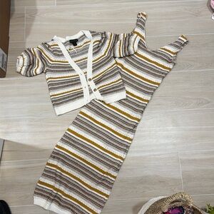 House of Harlow 1960 Striped Dress and Cardigan Set - Brown, White, Yellow
